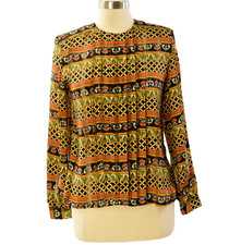 1980s Nicola Geometric Striped Print Pleated Blouse Size 6 Vintage Art Deco Tops
