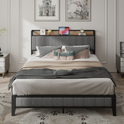 Queen Size Bed Frame with Charging Station, Upholstered Headboard, Metal Platfor