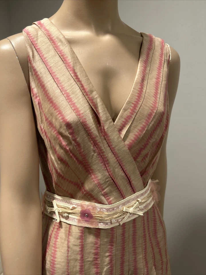 Cynthia Howie 女子连衣裙 8P 码线复古粉红色条纹打褶 — 第 2/4 张图片