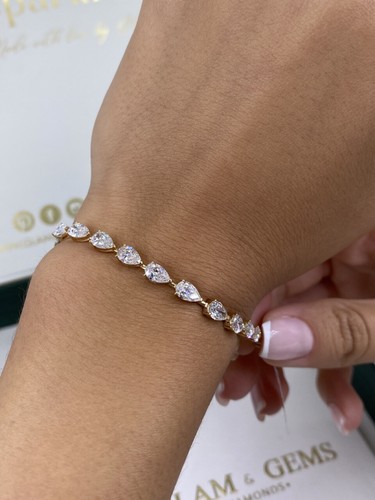 Diamond Chain Bracelet Pear Lab Created E-F/VVS 14k Yellow Gold Prong 7.73Ct - 第 2/10 張圖片