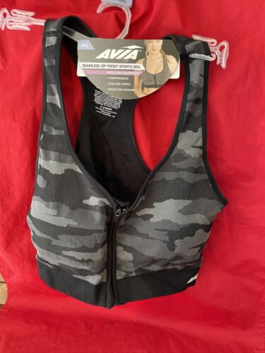 Avia Women's Medium Support Zip-Front Bra, Black Camo, XXL