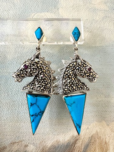 Stunning Earrings, Stud, Dandle, 925 Sterling, Horse, Turquoise, Ruby, Marcasite - Picture 4 of 4