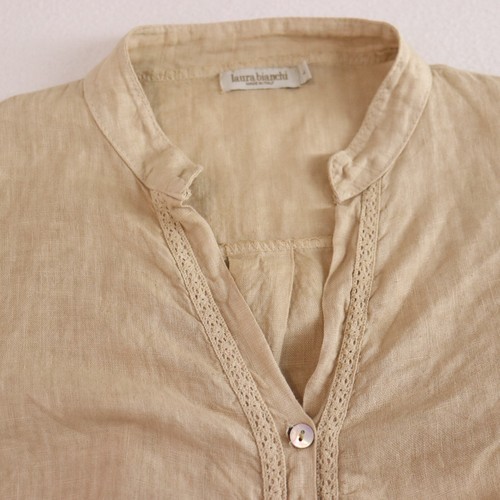 Laura Bianchi Made In Italy Size L Beige Linen Button Shirt Crochet Trim Natural - Picture 6 of 10