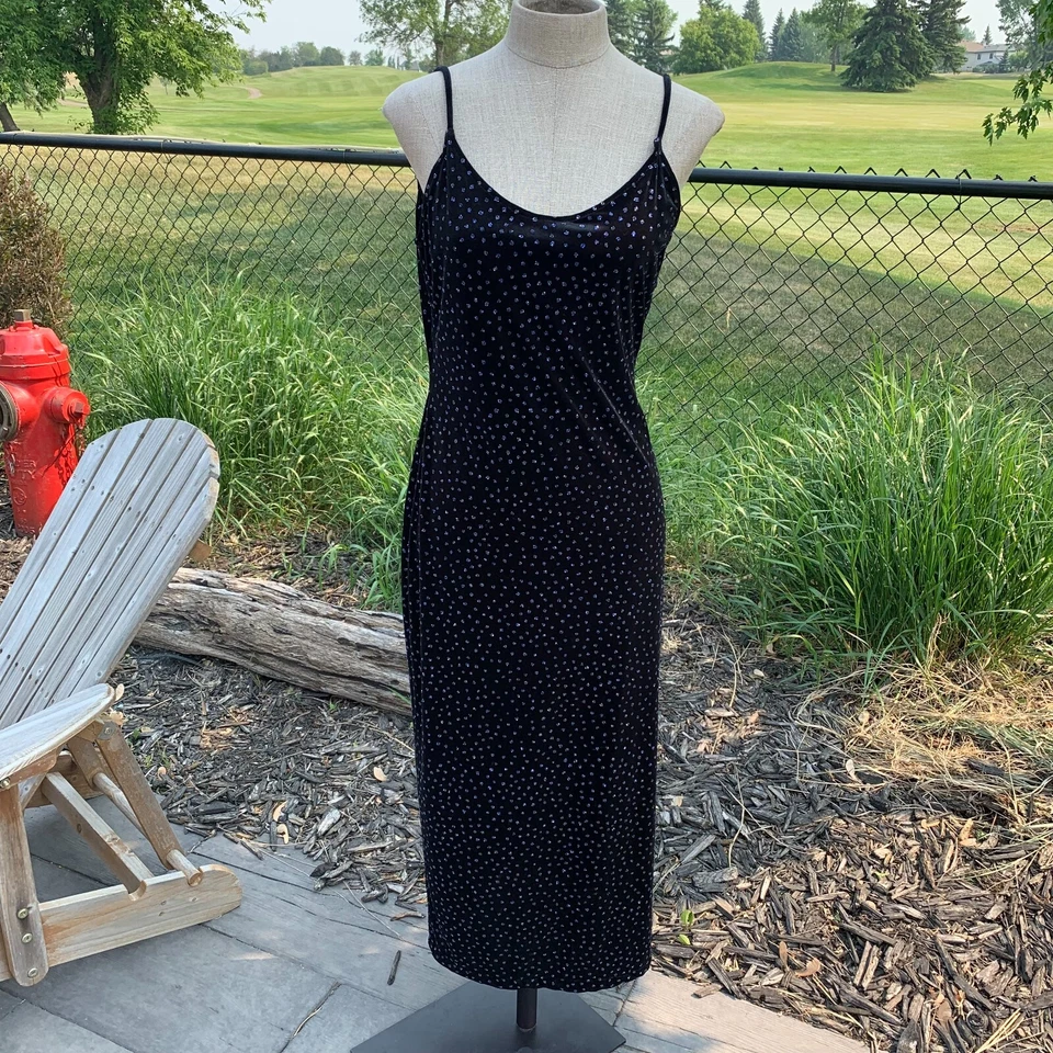 Maxi Vestido Vintage Terciopelo Sin Mangas M Negro Años 90 Y2K Baile de graduación Fiesta Brillo Abertura Elástico Foto 4 de 4