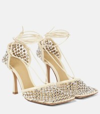37.5 7 Bottega Veneta Beige Crystal Sparkle Stretch Lace Up Shoes Pumps Sandals