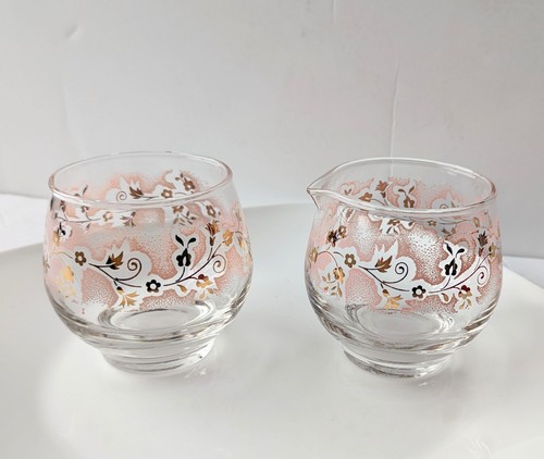 Vintage Libbey Glass Duchess Pink Gold Foil Vine Leaves CREAM SUGAR Cup Bowl - Picture 11 of 11