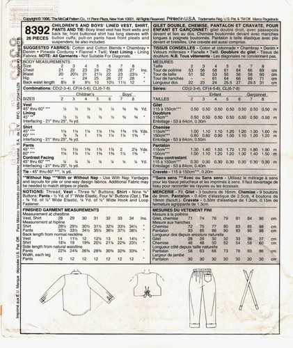 McCalls 8392 Chaleco Camisa Pantalones Corbata Niños Costura Patrón Talla 4 5 6 Sin Cortar - Imagen 2 de 2