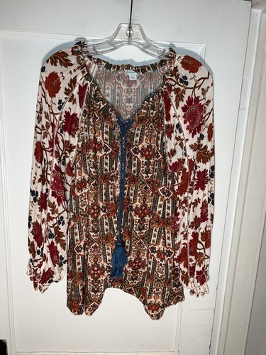 SUNDANCE mehrfarbig Geo Blumendruck Boho Bauern Schnürung Quaste Top Gr. L d490