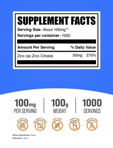 Polvo de citrato de zinc BulkSupplements - 100 mg por porción - Imagen 8 de 12