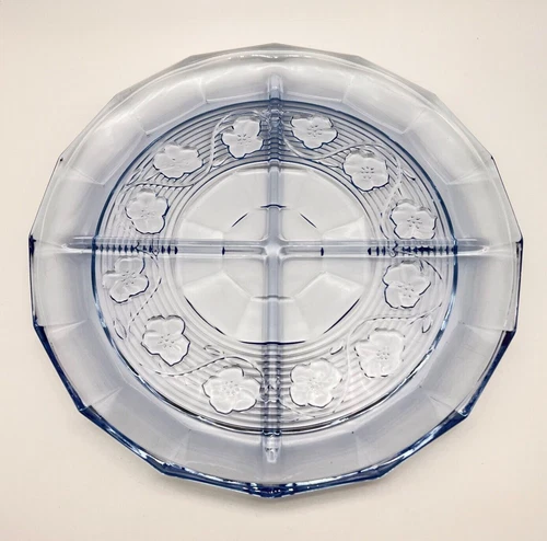 Vintage Anchor Hocking  Avalon Blue Glass Divided 4 Part Relish Platter