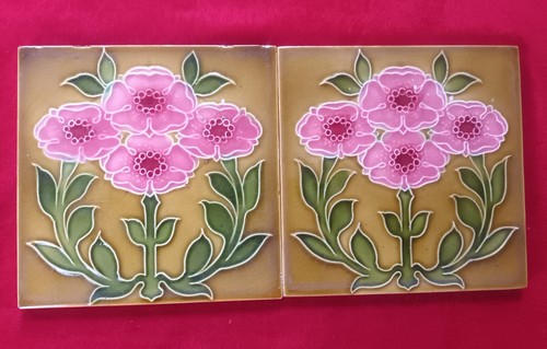2 Piece Old Art Deco Floral Design Embossed Majolica Ceramic Tiles England 0611 - Picture 2 of 10