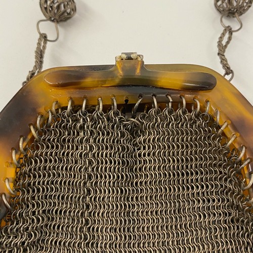 Vintage Sterling Mesh Lucite Purse 3 Hanging Tortoise Tone Lucite Fish Charms - Picture 8 of 9