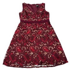 Adrianna Papell Dress Womens 12 Petite Red Gold Lace Overlay V Neck A Line