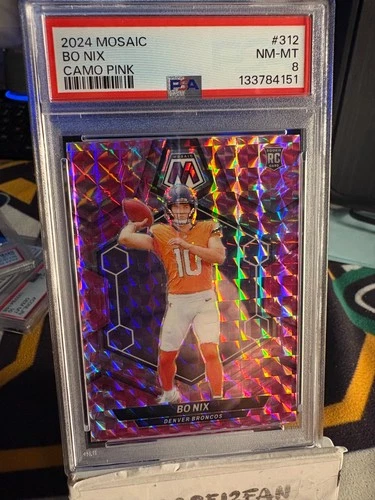 2024 Mosaic Bo Nix RC Camo Pink Prizm Rookie #312 Broncos PSA 8