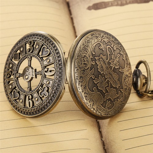 Vintage Style Poker Skull Steampunk Pocket Watch Quartz Pendant Necklace Chain - Picture 5 of 14