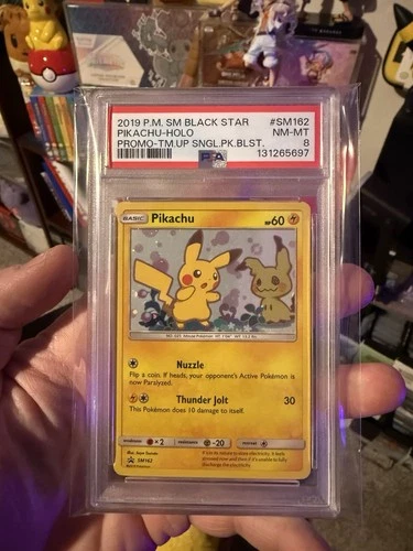 2019 Team Up Black Star Promo Pikachu Ft. Mimikyu PSA 8🔥 Swirl In Holo✨SM162