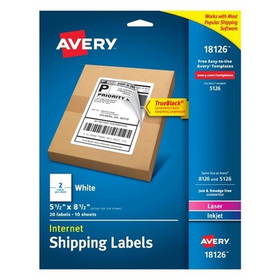 Avery Shipping Labels, 5-1/2'' x 8-1/2'', Paper, White, TrueBlock , Laser/Inkjet