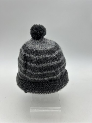 Hand Knitted Newborn Baby Beanie Grey Soft Wool Pompom Striped - Picture 2 of 13
