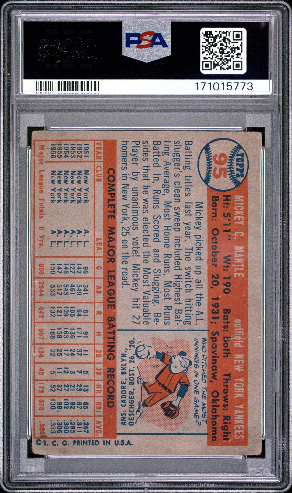 1957 TOPPS #95 MICKEY MANTLE PSA 1 view 2