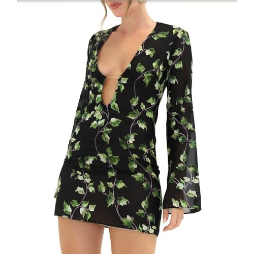Rumored Black Leaf Print Plunge Neck Mini Dress Large Sterling Envy Leaves Boho