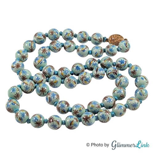 Vintage Chinese Export Hand Painted Knotted Blue Round Porcelain Bead Necklace - Picture 3 of 9