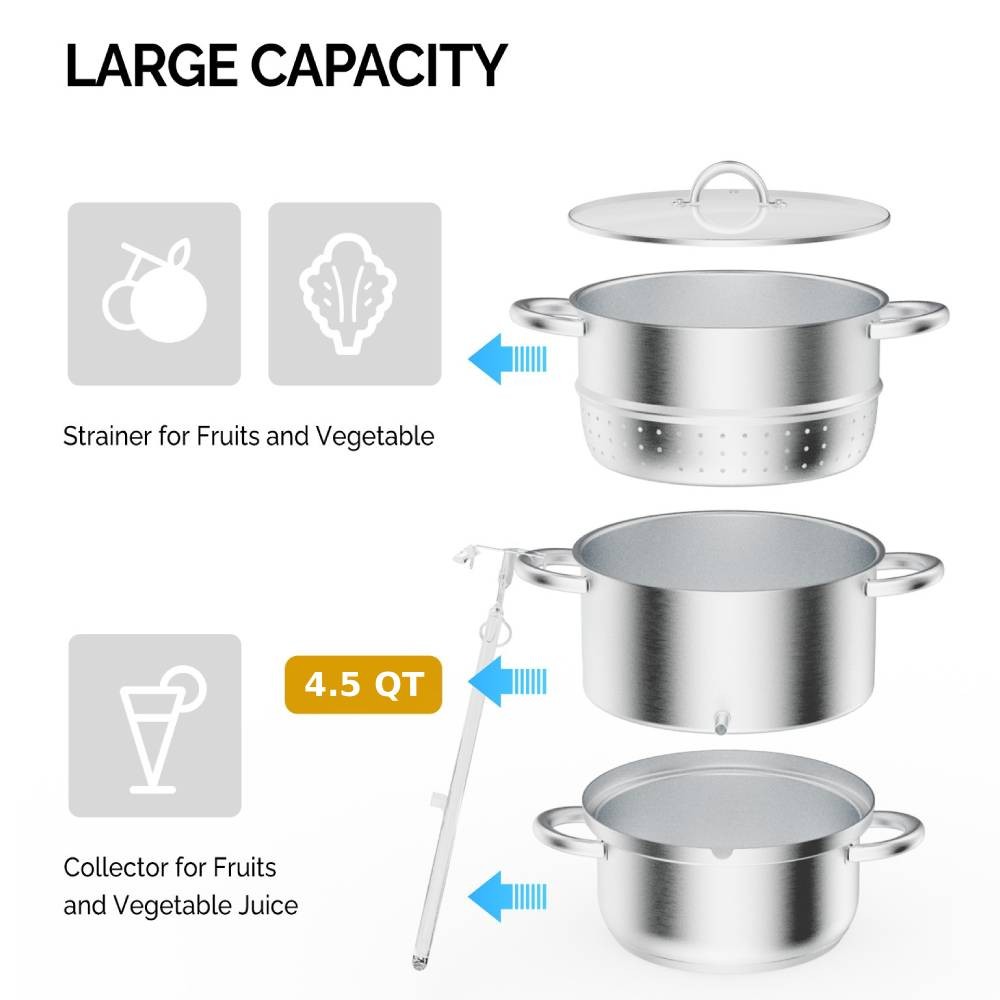 4.5 QT Steam Juicer for Grapes, Tomatoes, Berries - Stainless Steel with Hose