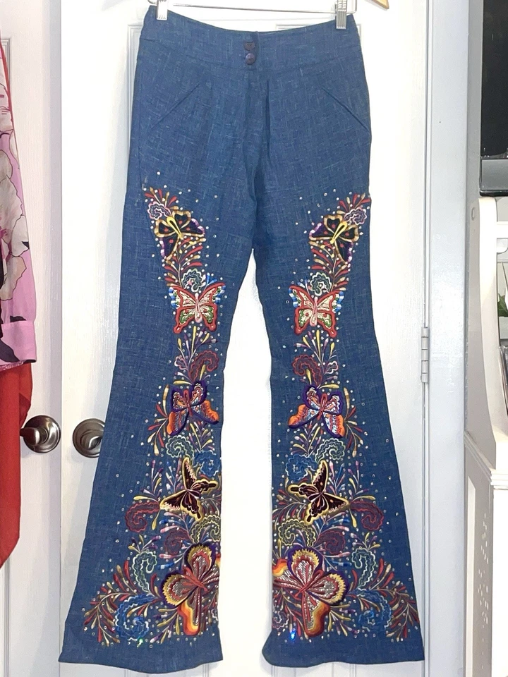 PANTALONES MARIPOSA BORDADOS LINO AZUL CHRISTIAN DIOR BY JOHN GALIANO ¡IMPRESIONANTES!!