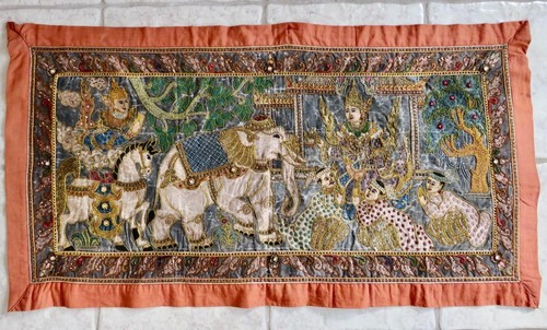 Antique Burmese Kalang Tapestry FAB Hand Embroidered Beads Gold Thread 42x23" - Picture 1 of 12