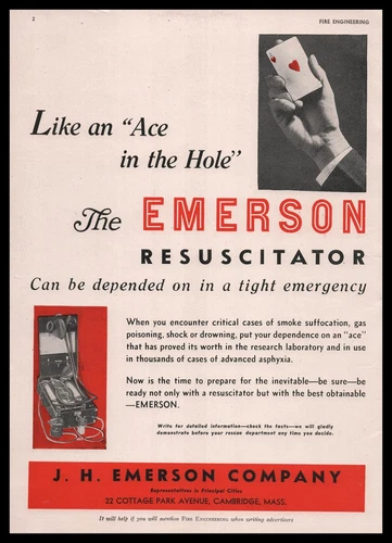 1947 J. H. Emerson Cambridge MA Resuscitator Ace Of Hearts Playing Card Print Ad