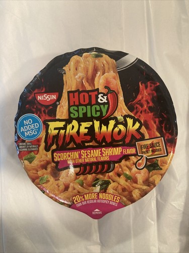 Nissin Hot & Spicy Fire Wok Sesame Shrimp Flavor Noodles Pack Of 6 Bowls - Picture 2 of 4