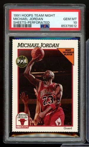 Michael Jordan Card 1991-92 Hoops Team Night Sheets-Perforated PSA 10