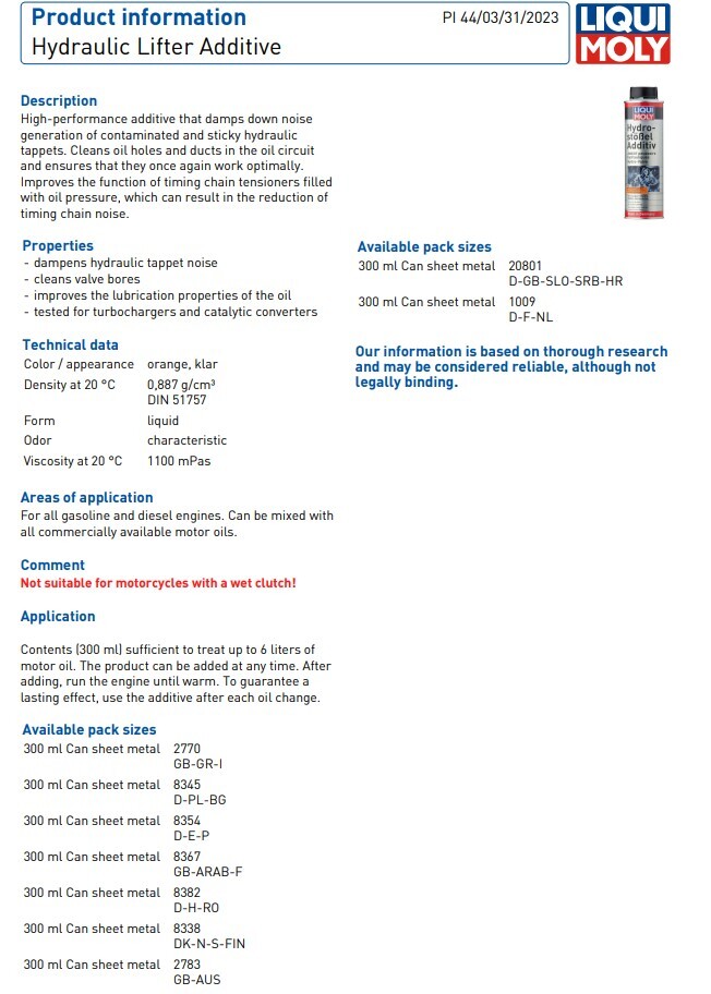 Liqui Moly Hydraulic Valve Lifter Engine Oil Additive Petrol Diesel