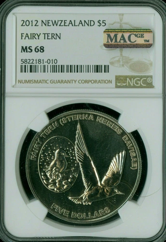 2012 NEW ZEALAND $5 DOLLAR FAIRY TERN NGC MS68 PQ MAC SPOTLESS 2000 MINTED .