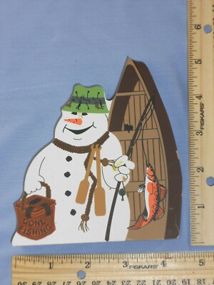 GONE FISHING Shelf Sitter CAT'S MEOW Snowman Collection 1999 99-122 Pressed Wood
