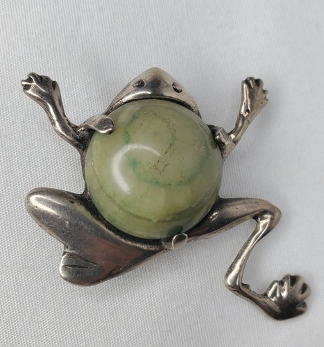 Vintage Early Mexico Silver Frog Brooch Green Stone Belly Figural Pin Frogs - Picture 2 of 14
