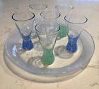 New Listing6 Vintage Blown Shot Cordial Glasses with Tray Confetti Blue/Green/White