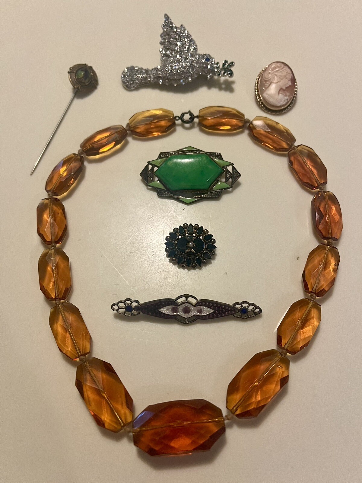 Lot Antique Jewelry 10k Gold Mourning Pin Cameo Czech Necklace Art Deco Brooch 7