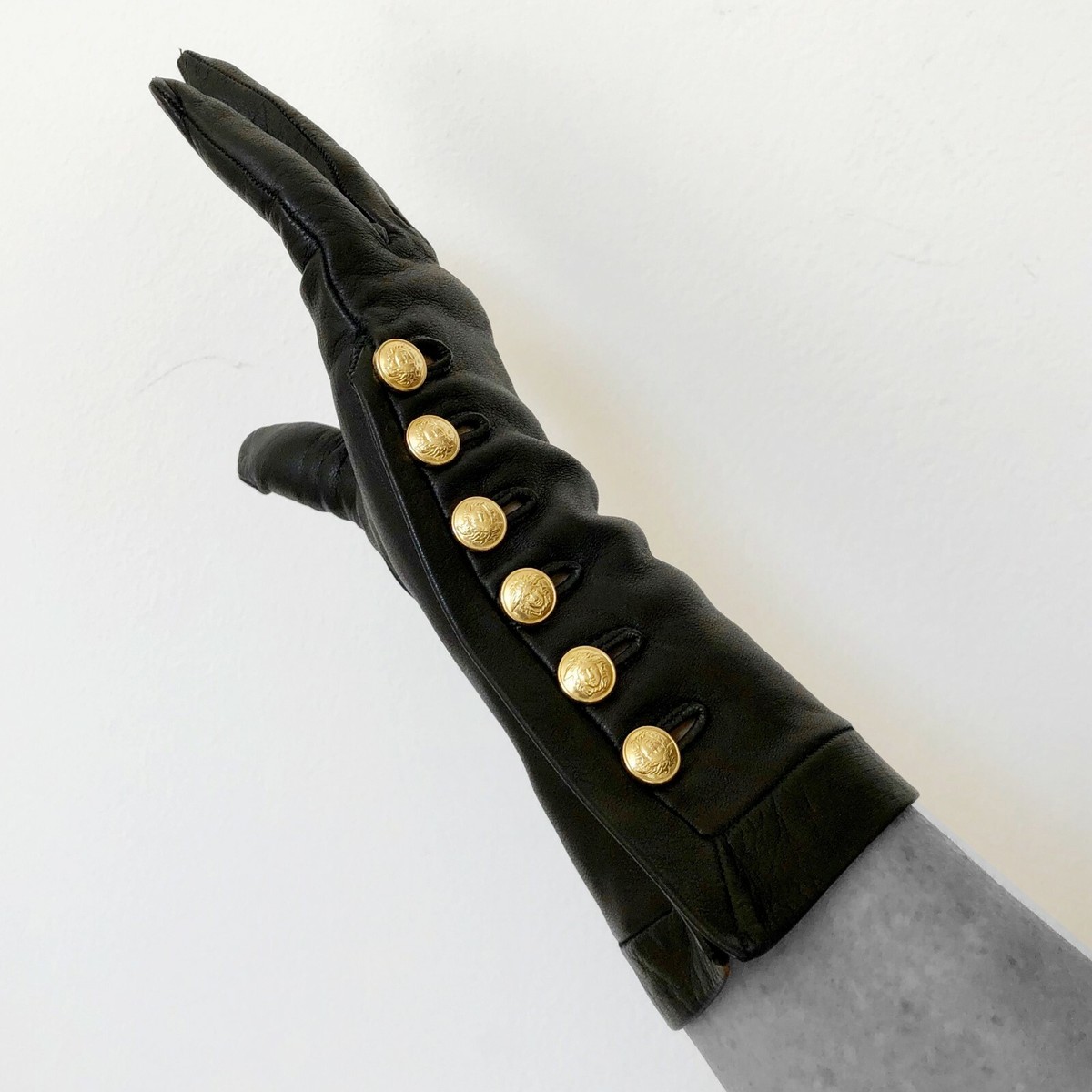 GIANNI VERSACE black leather gloves with 6 gold tone Medusa