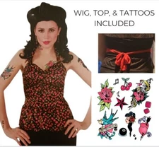 Sexy Halloween Costume Rockabilly Retro PinUp Girl Flirt Halter Black Wig Tattoo