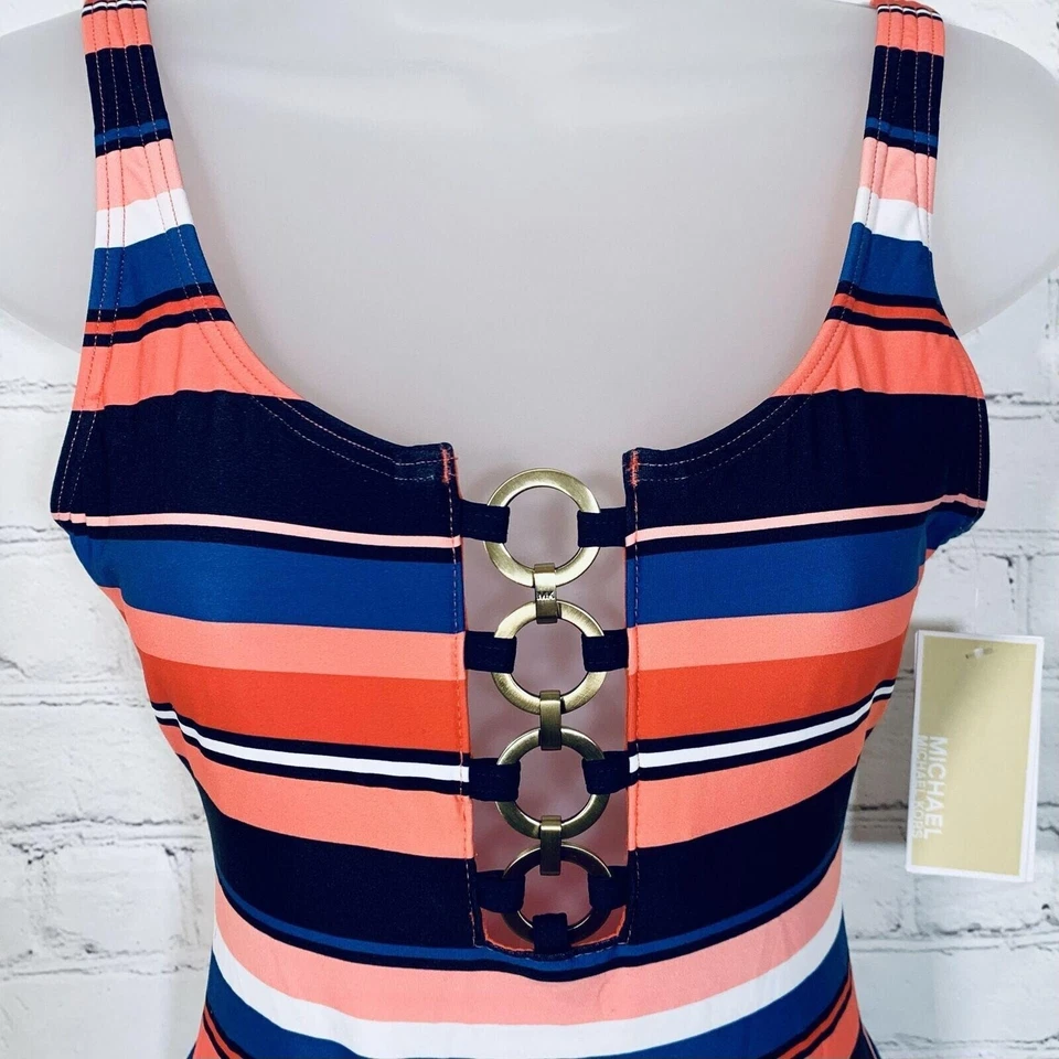 Traje de baño Michael Kors talla 4 anillo de cadena de una pieza a rayas caqui multi nuevo con etiquetas Foto 3 de 4