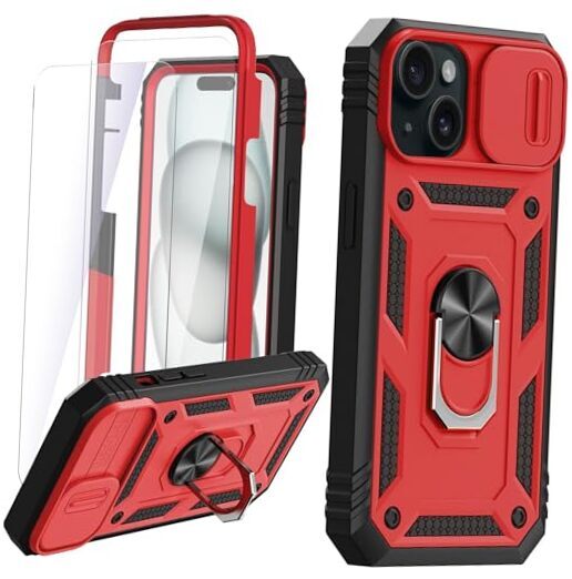 [4 in 1 for iPhone 15 Case with Stand Kickstand & Slide Camera Cover Red-image