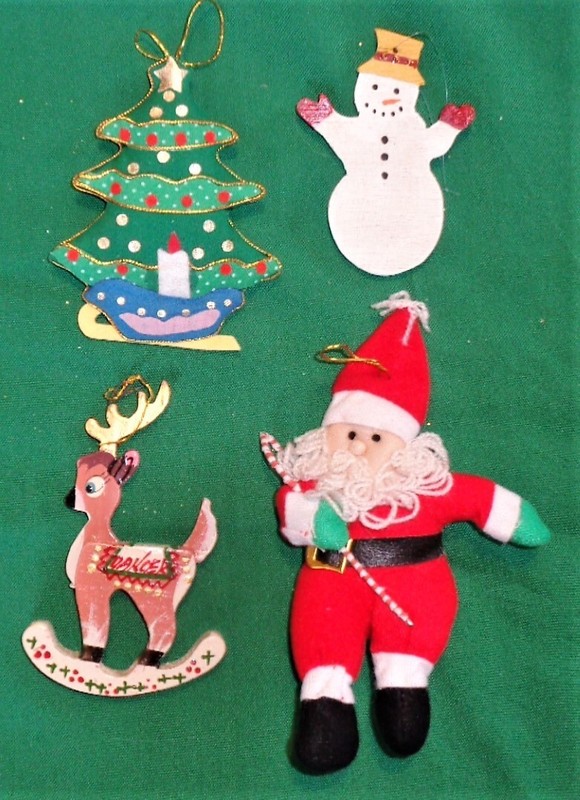 4 Vintage, Pre-owned 1980 Christmas ornaments, Santa, Deer, Snowman, Tree1980's