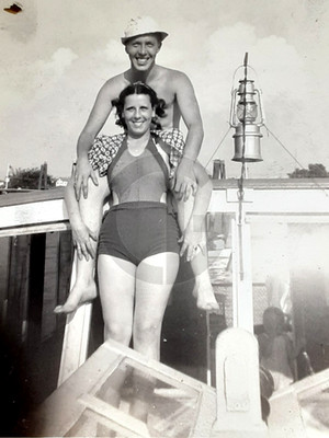 Gorgeous Lady in Swimsuit & Smiling Man @ Bow of a Boat: 1930's Snapshot Photo