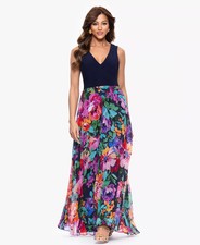 Xscape Formal Gown 12 Navy Floral Pleated Chiffon Jersey NWT FLAW