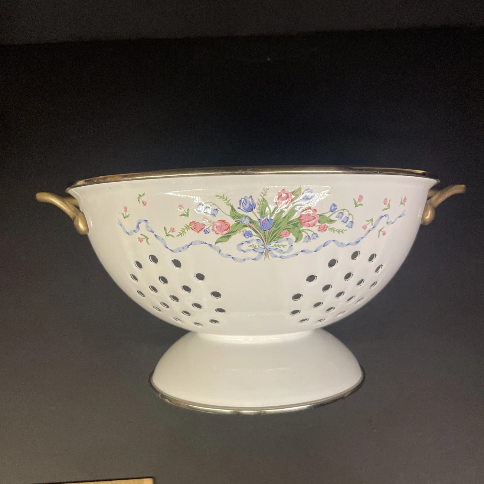 Vintage Enamel Pedestal Colander Strainer Roses Pattern/ Brass Handles
Opens in a new window or tab