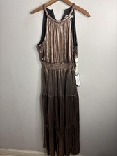 Eliza J Dress Womens 10 Bronze Metallic Halter Maxi Tiered Evening Gown