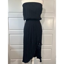 Becca Black Strapless Midi Dress Smocked Waist Tassel Detail Casual