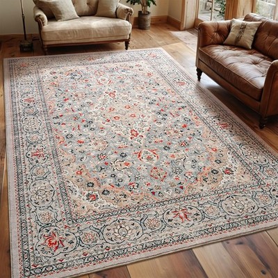 Washable Rug 4x6, Beige Area Rugs Non Slip, Indoor Low Pile Carpet with Rubber
