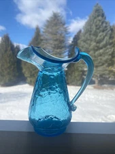 Vintage Hand Blown Blue Crackle Glass Small Pitcher Creamer Vase Handle 5” Tall