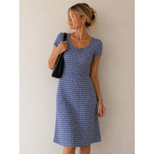 Tory Burch Blue White Geometric Midi Dress XS Tailored Short Sleeve